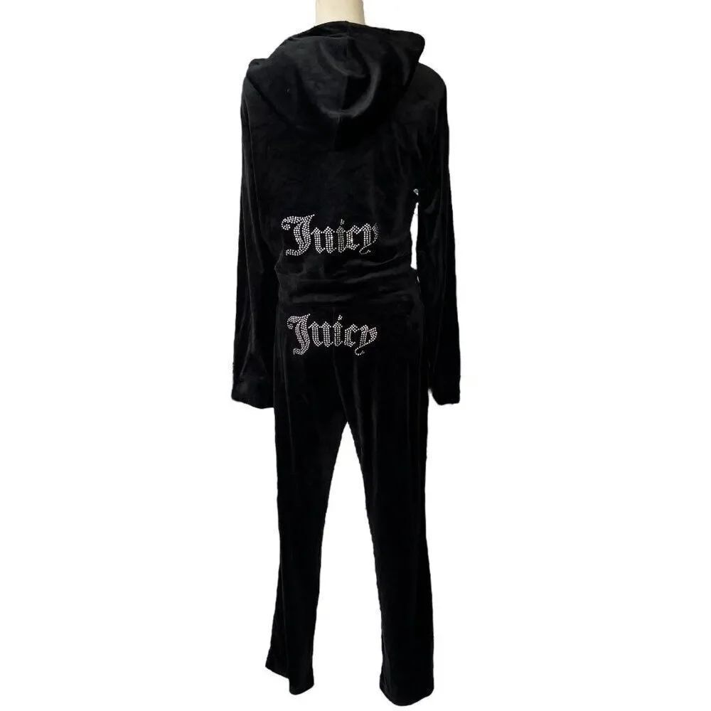 Juicy Couture Y2K Velour Rhinestone Tracksuit Loungewear Set Black Size Large